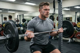 Homme en salle de musculation tenant une barre chargée en vue 3/4, préparant une série lourde pour progresser en force