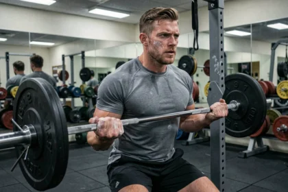 Homme en salle de musculation tenant une barre chargée en vue 3/4, préparant une série lourde pour progresser en force