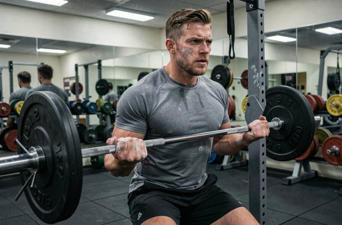 Homme en salle de musculation tenant une barre chargée en vue 3/4, préparant une série lourde pour progresser en force