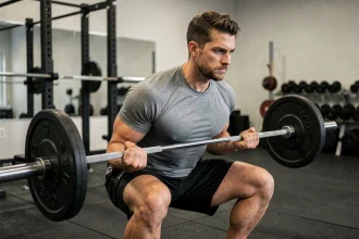 Homme musclé effectuant un squat avec barre dans une salle de musculation équipée, montrant sa progression physique après plusieurs mois d'entraînement