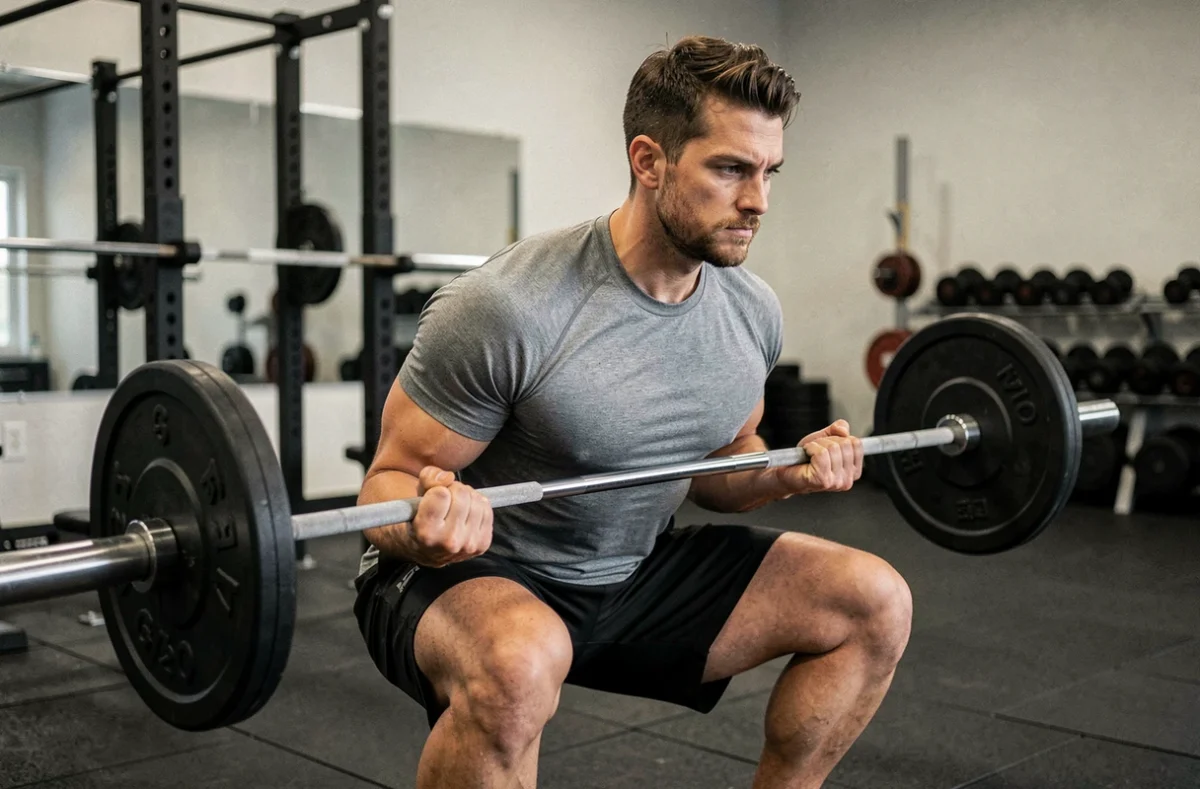 Homme musclé effectuant un squat avec barre dans une salle de musculation équipée, montrant sa progression physique après plusieurs mois d'entraînement