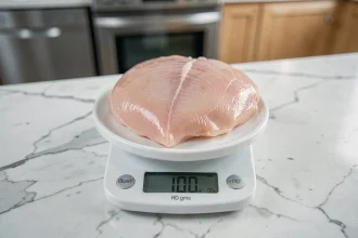 Blanc de poulet cru posé sur une balance de cuisine affichant 100 grammes, sur un plan de travail en marbre blanc dans une cuisine moderne