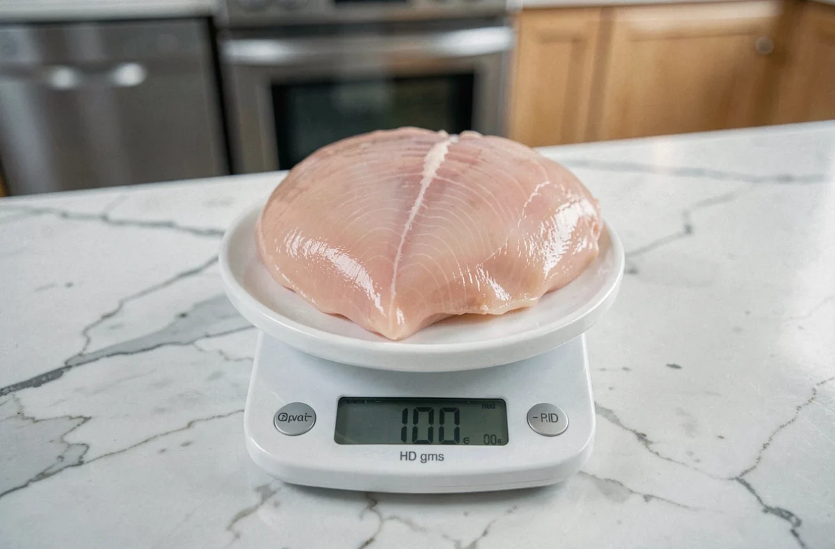 Blanc de poulet cru posé sur une balance de cuisine affichant 100 grammes, sur un plan de travail en marbre blanc dans une cuisine moderne