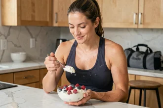 Femme sportive mangeant des protéines après l'entraînement dans une cuisine moderne