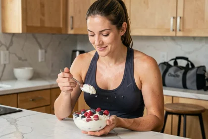 Femme sportive mangeant des protéines après l'entraînement dans une cuisine moderne