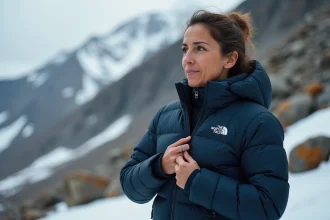 Femme portant une doudoune The North Face en montagne, examinant la qualité des matériaux et des coutures de la veste