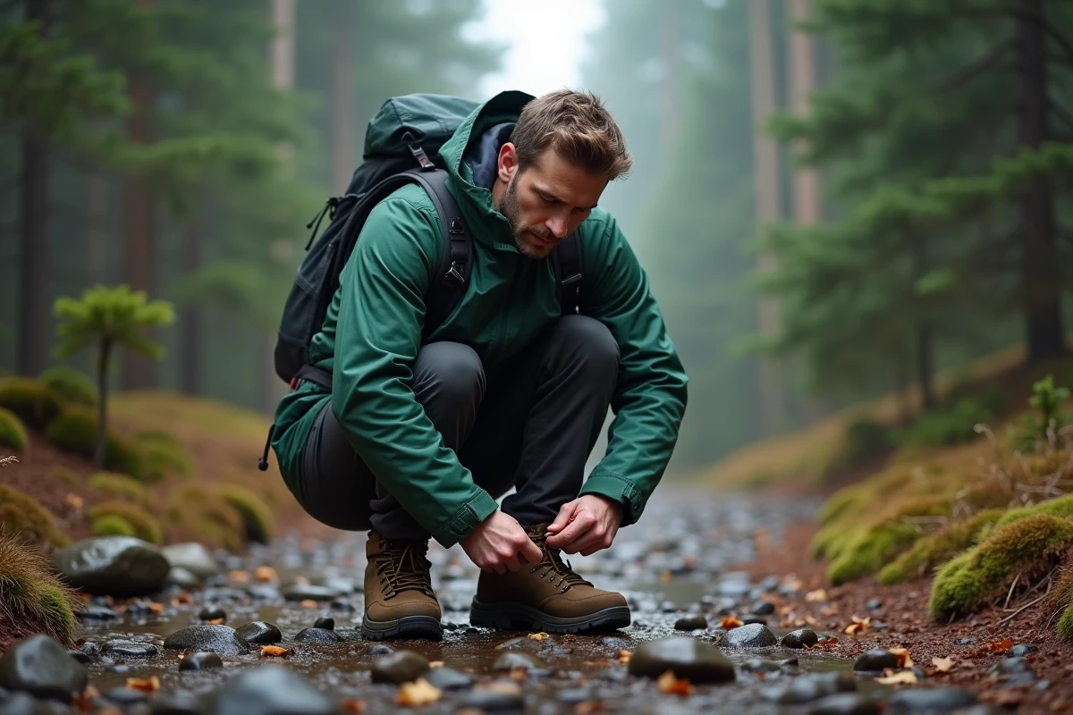 Randonneur portant une veste imperméable The North Face Gore-Tex sur un sentier forestier mouillé en automne