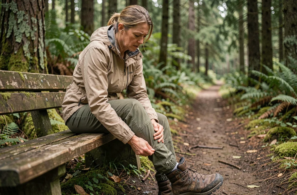 Randonneuse examinant son genou externe douloureux assise sur un banc en forêt après une descente