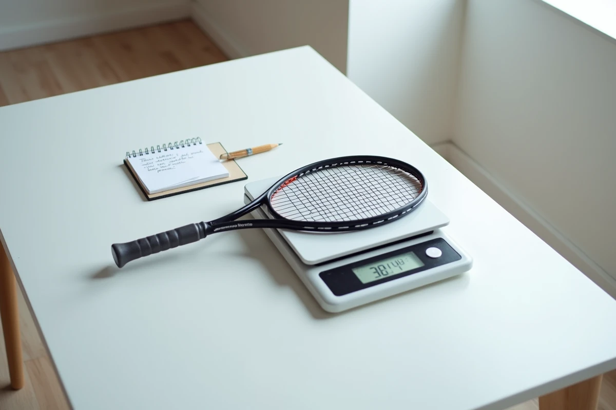 Raquette de tennis posée sur une balance de précision affichant son poids exact