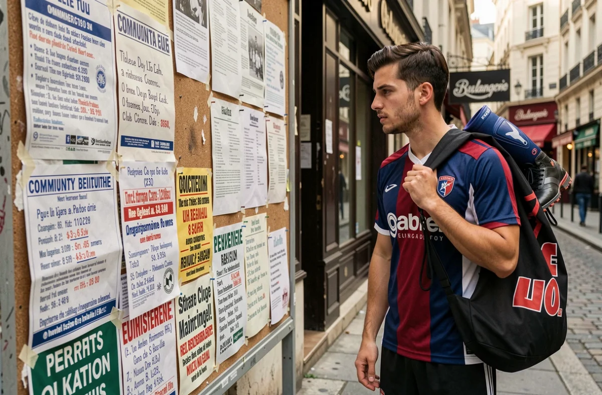 Jeune homme consultant des annonces de clubs de foot parisiens affichées sur un panneau communautaire