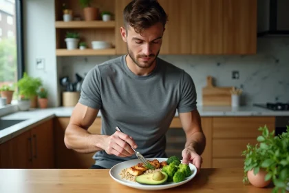Sportif préparant un repas équilibré avec poulet grillé, quinoa et légumes pour optimiser ses performances