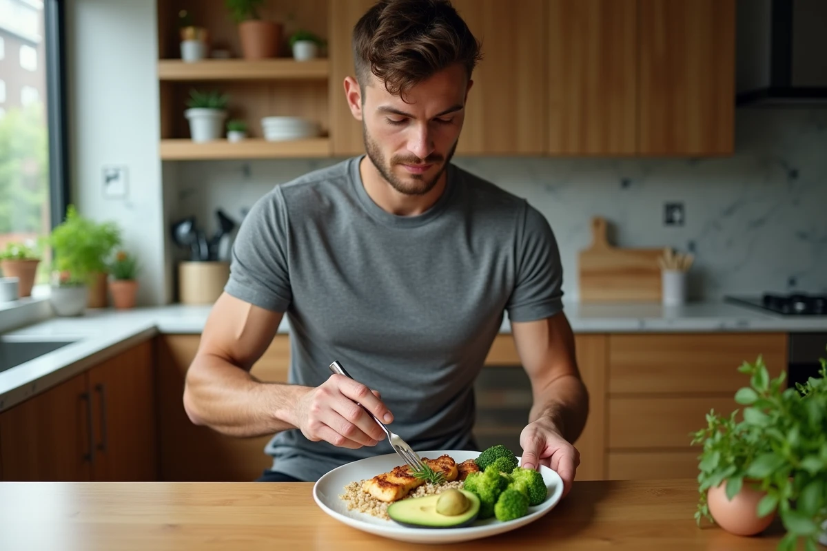 Sportif préparant un repas équilibré avec poulet grillé, quinoa et légumes pour optimiser ses performances