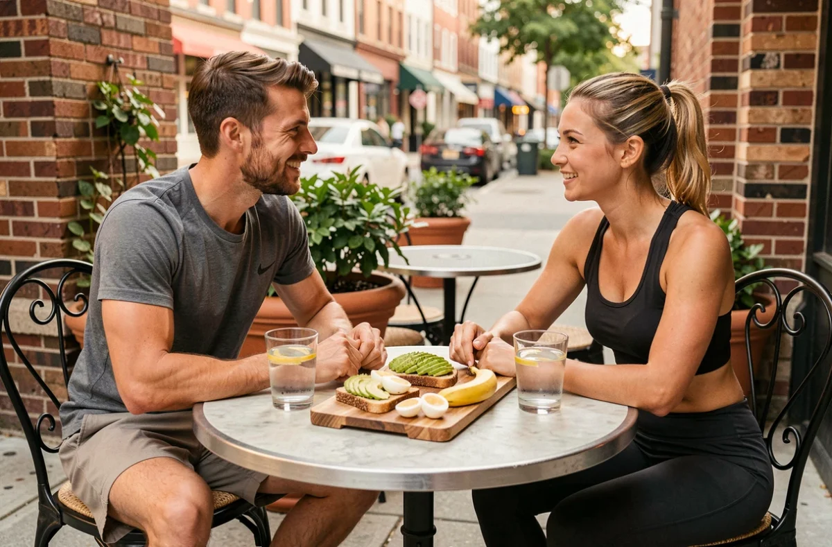 Deux amis sportifs partageant un repas de récupération à base de toast avocat et œufs dans un café en terrasse