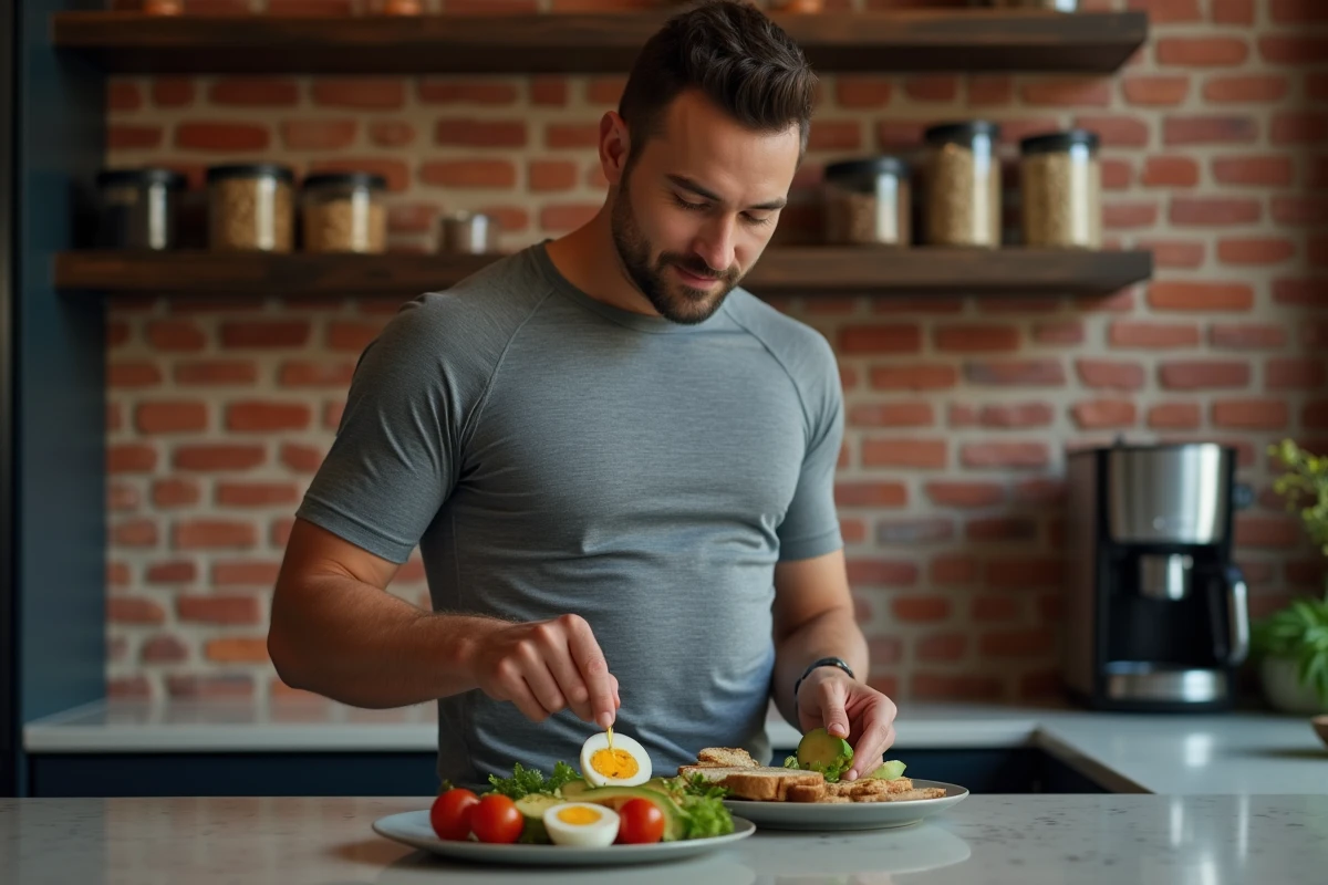 Homme athlétique préparant une assiette équilibrée avocat-oeuf avant une séance de sport dans un appartement urbain