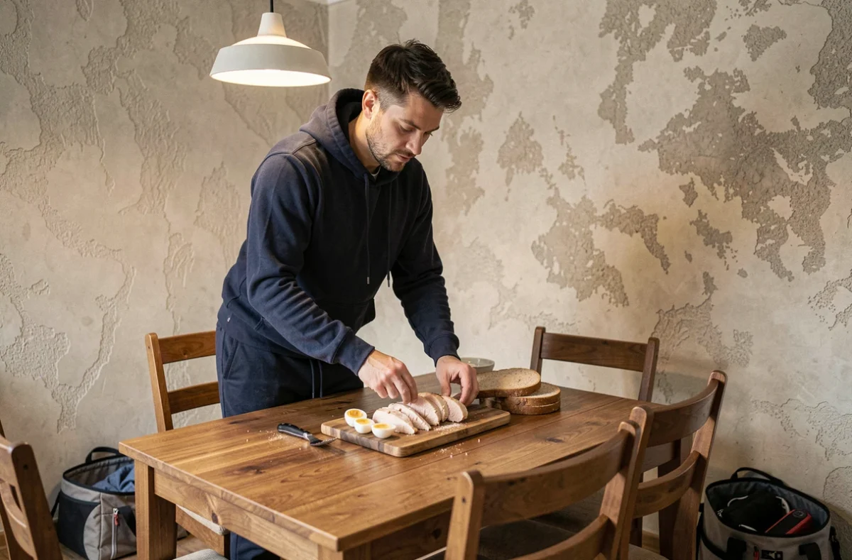 Homme préparant un repas riche en protéines avant une séance de sport à domicile