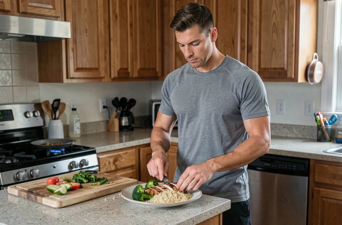 Homme préparant une assiette de récupération sportive avec poulet grillé, quinoa et brocoli dans sa cuisine