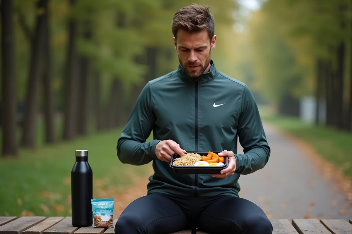 Coureur consommant un repas de récupération riche en glucides et protéines après une séance d'entraînement en plein air
