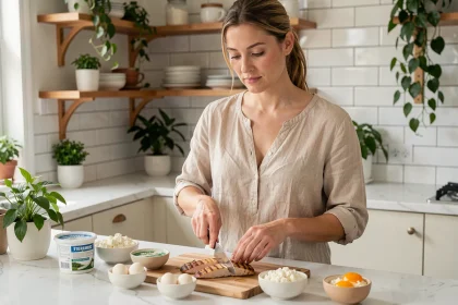 Femme préparant un repas riche en protéines avec poulet grillé, œufs et yaourt grec dans une cuisine moderne
