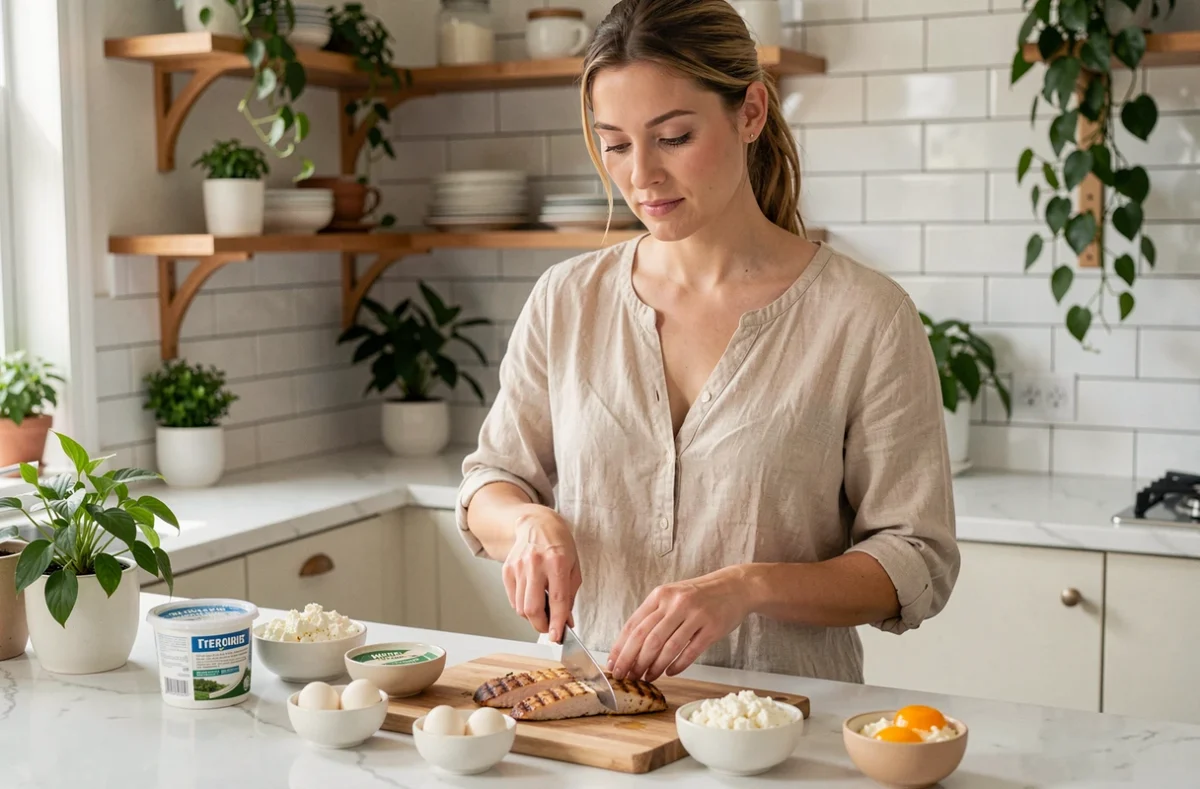 Femme préparant un repas riche en protéines avec poulet grillé, œufs et yaourt grec dans une cuisine moderne