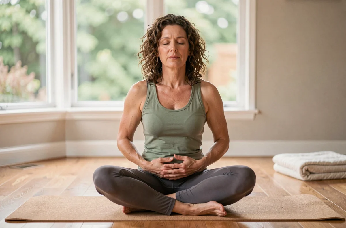 Femme pratiquant la respiration diaphragmatique pour activer les muscles abdominaux transverses à domicile