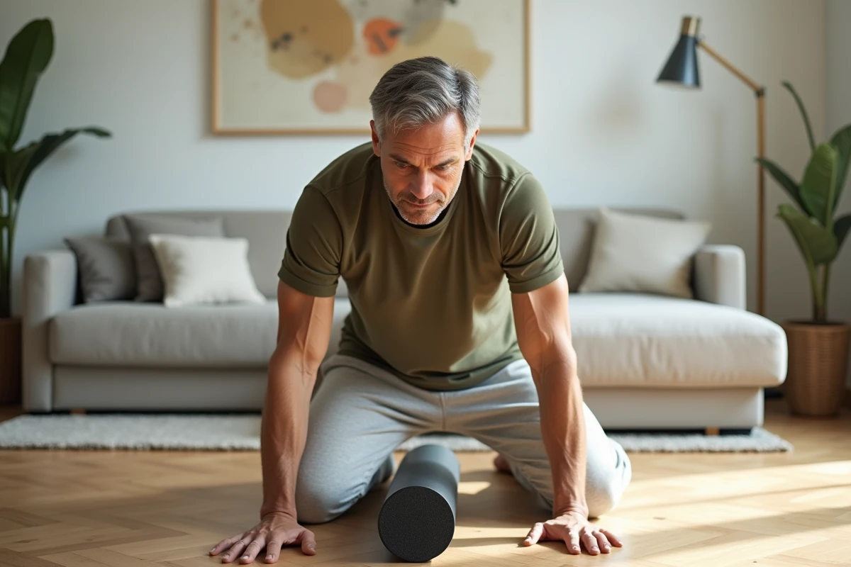 Homme utilisant un rouleau en mousse comme substitut au ballon de Pilates lors d'un exercice d'étirement à domicile