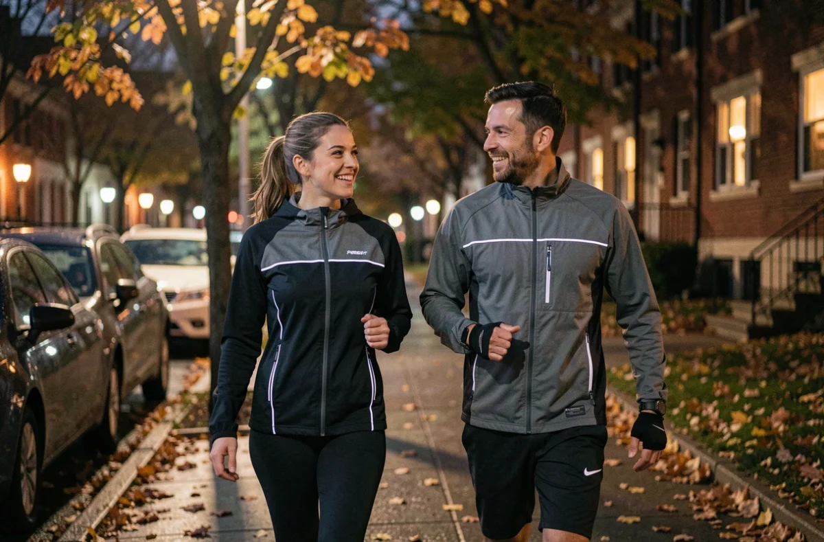 Couple en tenue de running marchant dans une rue calme le soir après une séance de sport nocturne