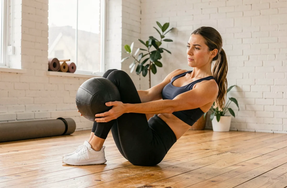 Femme réalisant un Russian twist avec ballon médicinal sur tapis de sol, exercice d'abdominaux avec poids à domicile