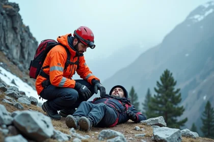 Secouriste en montagne portant une veste orange réfléchissante venant en aide à un randonneur blessé sur un sentier rocheux enneigé