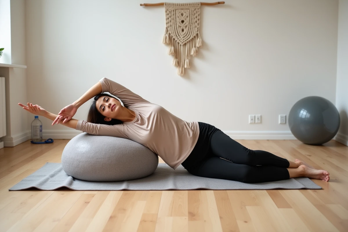 Femme allongée sur une serviette roulée utilisée en remplacement d'un ballon de Pilates pour un étirement du dos en studio