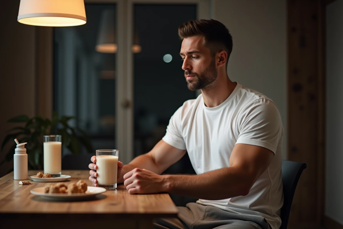 Homme sportif buvant un shake de caséine protéiné avant de dormir assis à une table en bois