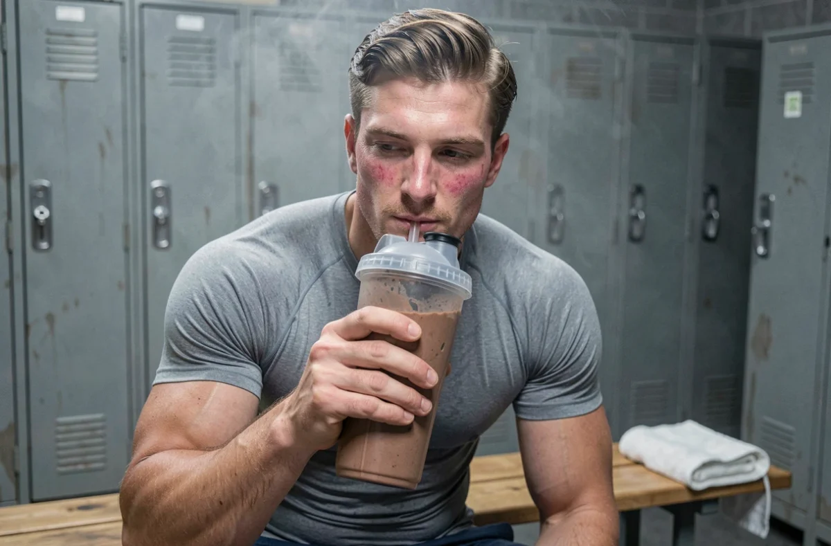 Homme musclé buvant un shake protéiné dans un vestiaire de salle de sport