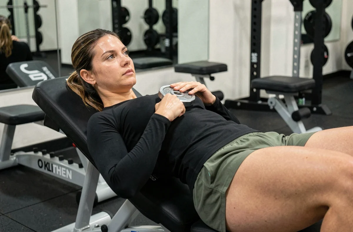 Femme réalisant des sit-ups déclinés avec poids sur banc incliné en studio de fitness, exercice abdominaux lestés