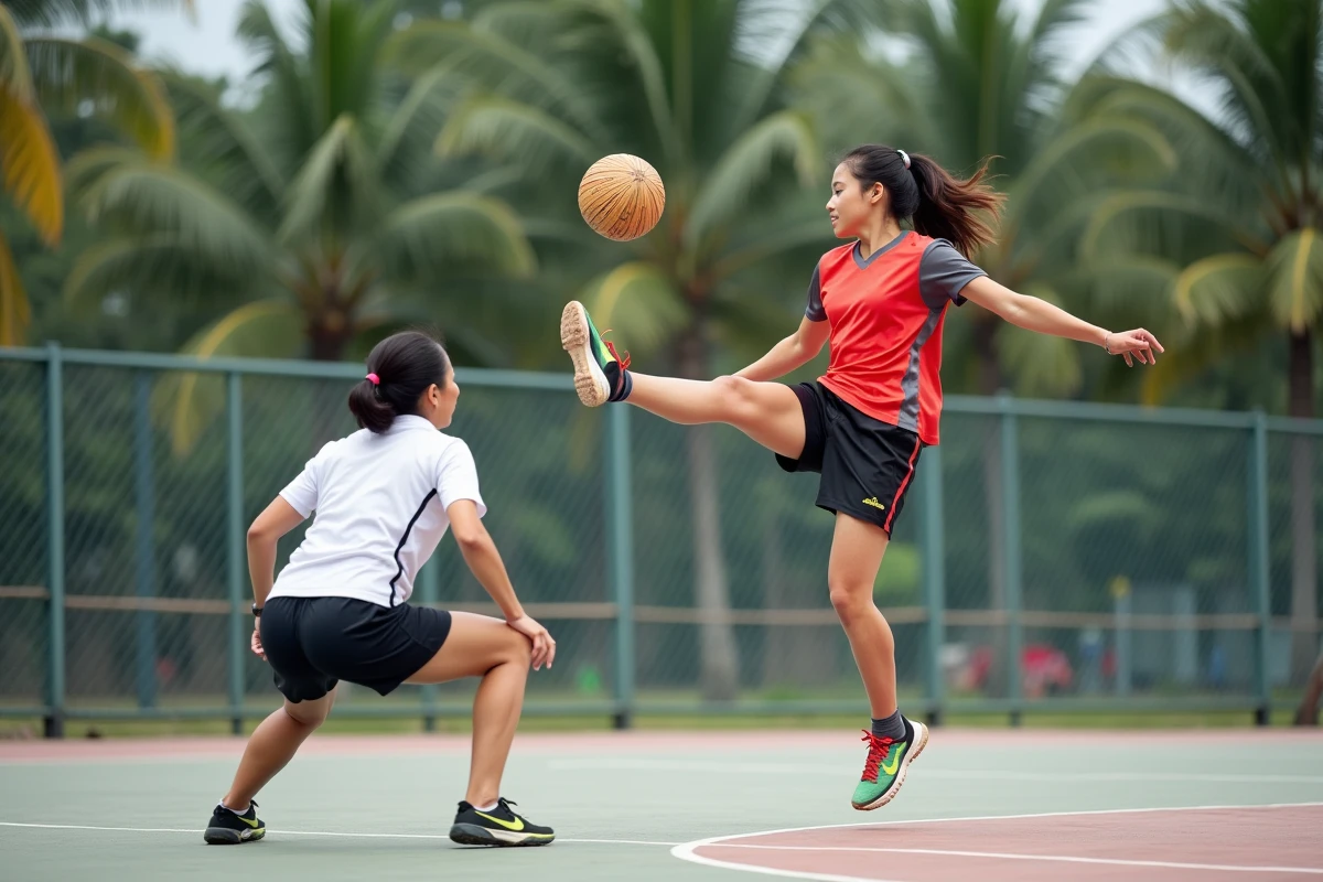 Deux joueuses de Sepak Takraw en plein match sur un terrain extérieur en Asie du Sud-Est, sport acrobatique peu connu dans le monde