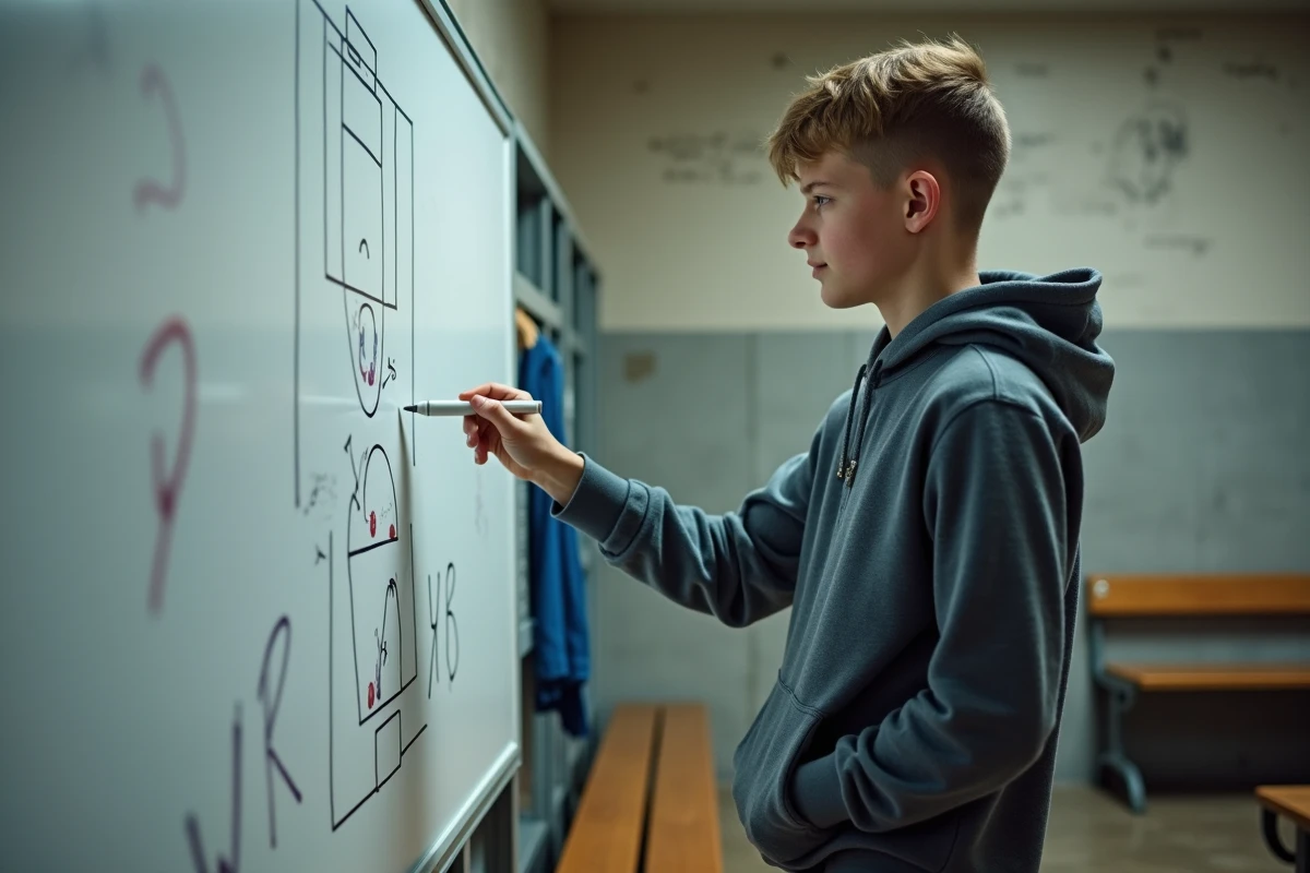 Un adolescent analysant des tactiques sportives sur un tableau blanc dans un vestiaire de gymnase, illustrant l'intelligence stratégique dans le sport collectif
