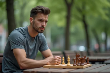 Un homme en train de jouer aux échecs en plein air, illustrant la réflexion stratégique liée aux sports intellectuels