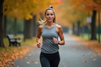 Femme de 40 ans en train de courir dans un parc en automne pour perdre du poids