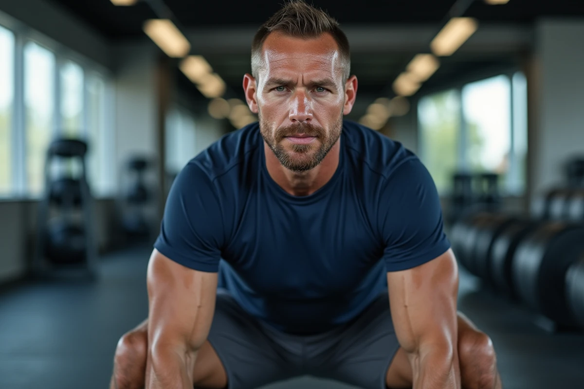 Homme de 45 ans faisant des squats en salle de sport pour perdre du poids après 40 ans
