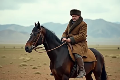Joueur de Buzkashi en tenue traditionnelle monté sur un cheval sur la steppe d'Asie centrale, illustrant un sport méconnu du monde