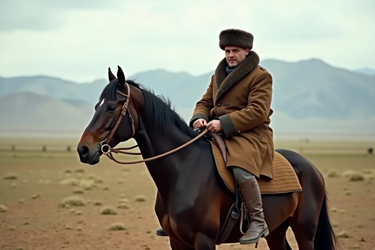 Joueur de Buzkashi en tenue traditionnelle monté sur un cheval sur la steppe d'Asie centrale, illustrant un sport méconnu du monde