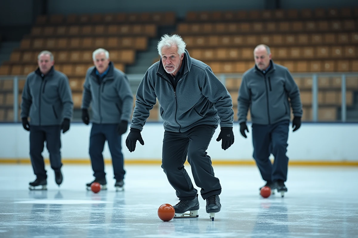 Groupe d'hommes jouant à une variante de boules sur glace dans une salle de sport nordique, illustrant un sport rare et méconnu