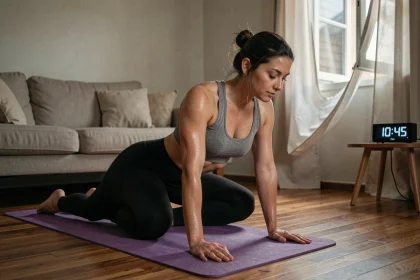 Femme pratiquant des étirements de yoga le soir dans son salon avant de dormir