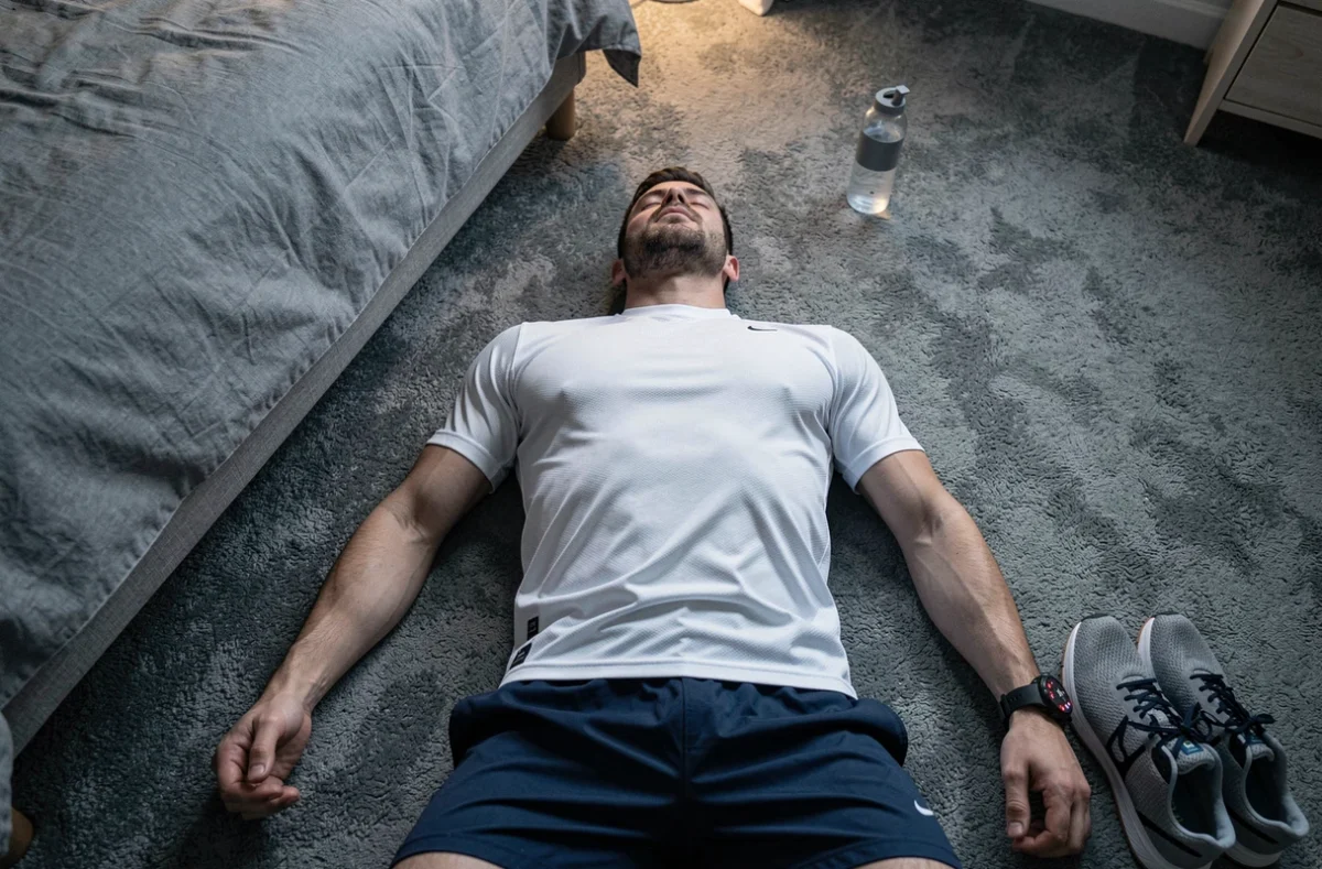 Homme allongé sur le sol de sa chambre après une séance de sport tardive avant de se coucher