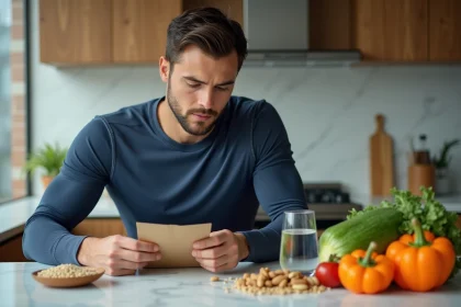 Sportif analysant les étiquettes nutritionnelles de ses aliments dans une cuisine moderne, entouré de légumes frais et d'aliments sans sucre ajouté