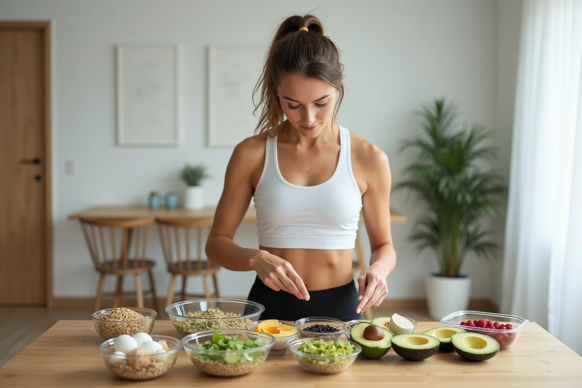 Coureuse préparant ses repas équilibrés sans sucre après l'entraînement avec des aliments riches en protéines et glucides complexes