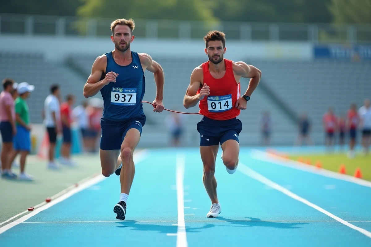 Sprinter paralympique malvoyant et son guide en plein effort lors d'une compétition internationale sur piste