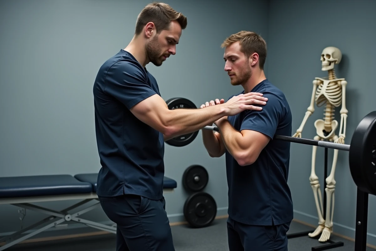 Kinésithérapeute guidant un patient dans un squat avec barre pour évaluer l'impact sur la scoliose