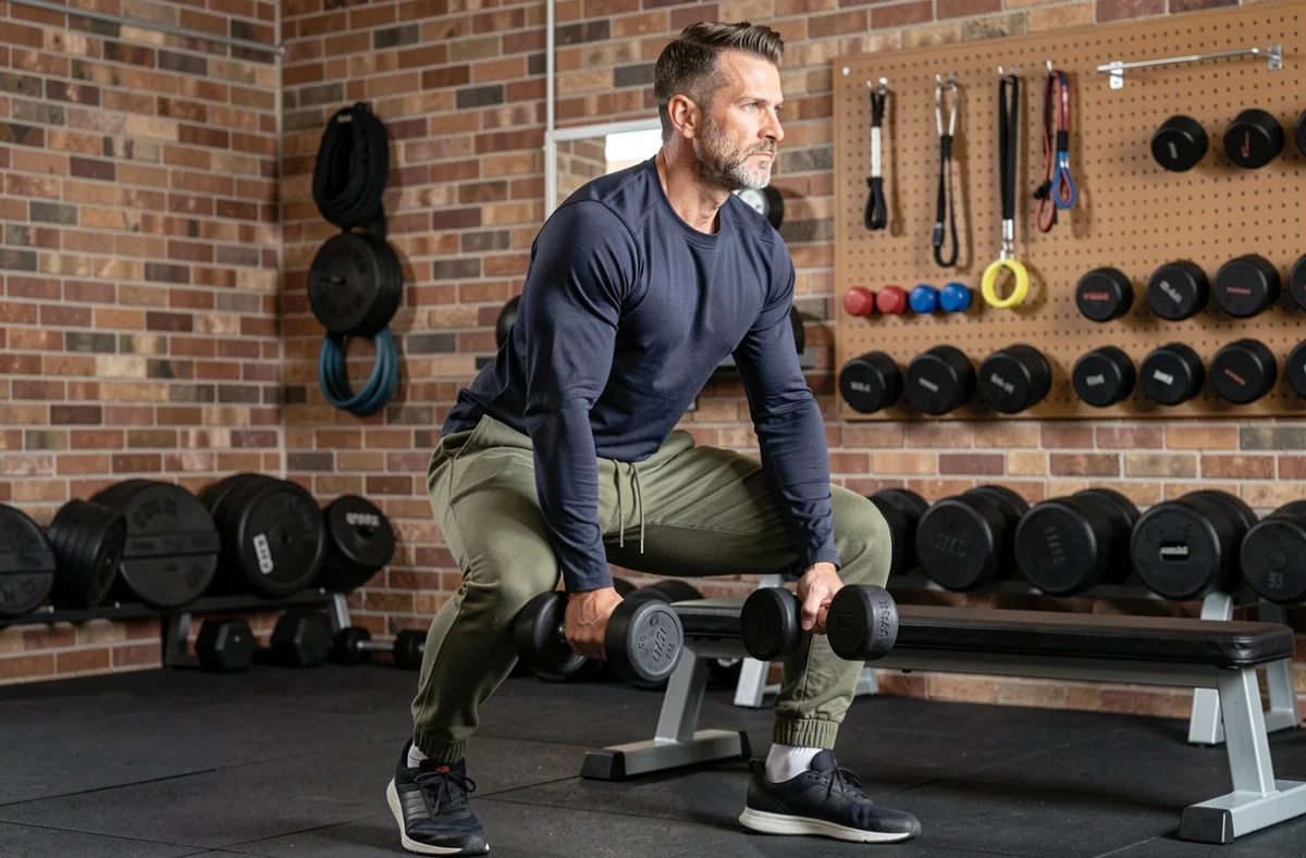 Homme réalisant un squat bulgare avec haltères dans une salle de sport, exercice fessiers unilatéral en musculation