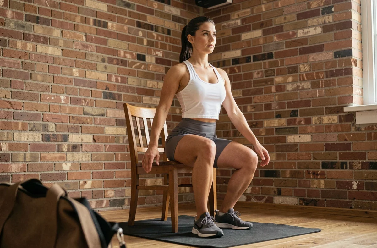 Femme faisant un squat unilatéral avec chaise pour renforcer les fessiers à domicile