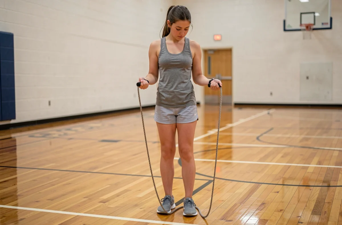 Adolescente vérifiant la bonne taille de sa corde à sauter dans un gymnase scolaire