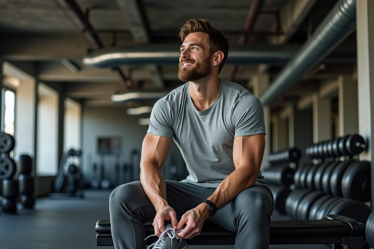 Homme habillé en tenue de sport fonctionnelle dans une salle de musculation, t-shirt technique et jogger de sport